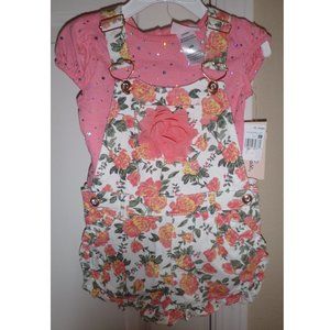 Baby Girls Little Lass Floral  Flowered Shortalls Shorts & Tee Size 24 mo  NWT